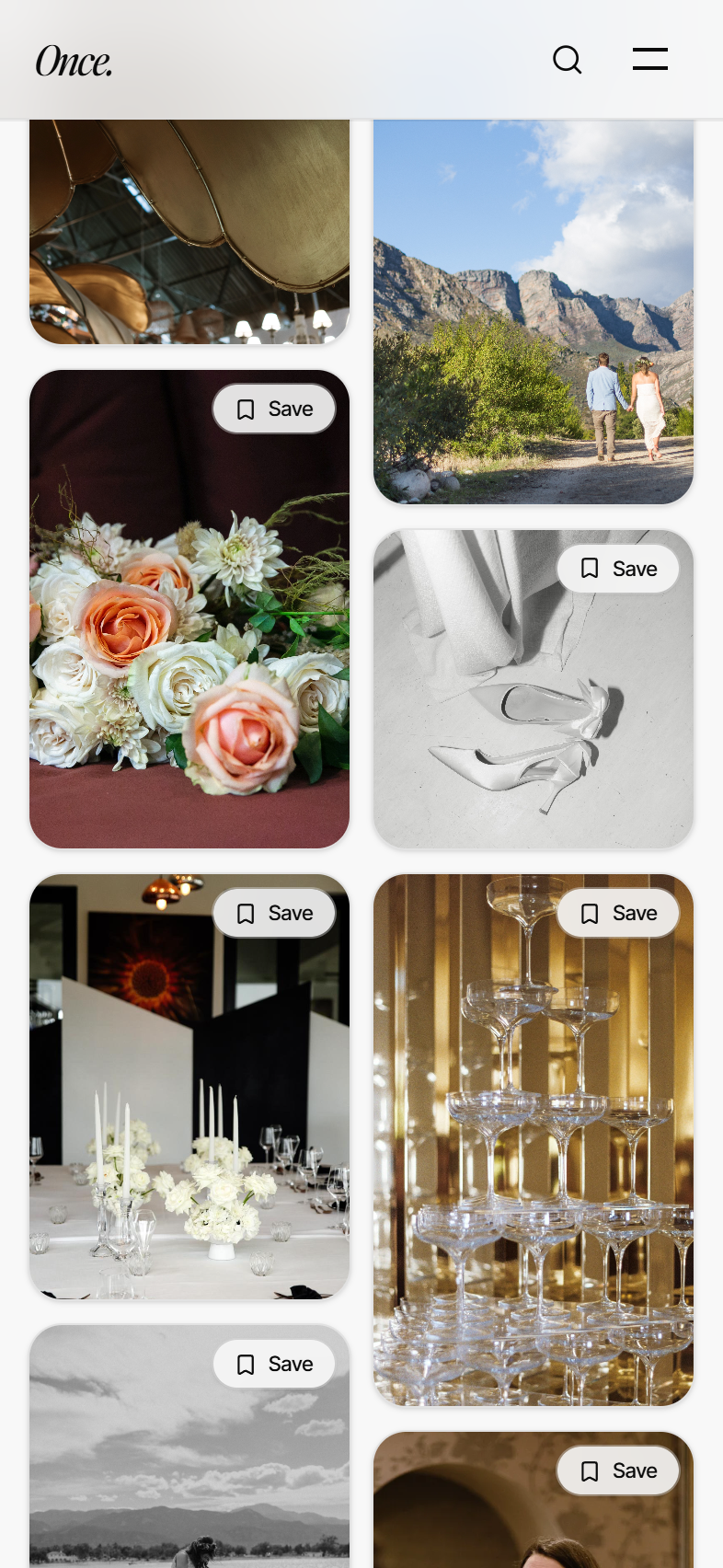 The Once inspiration feed on a phone: a Pinterest-style masonry of full-colour wedding photos, a bouquet, a Cape-mountain couple, a tablescape, a champagne tower, each with a Save button.