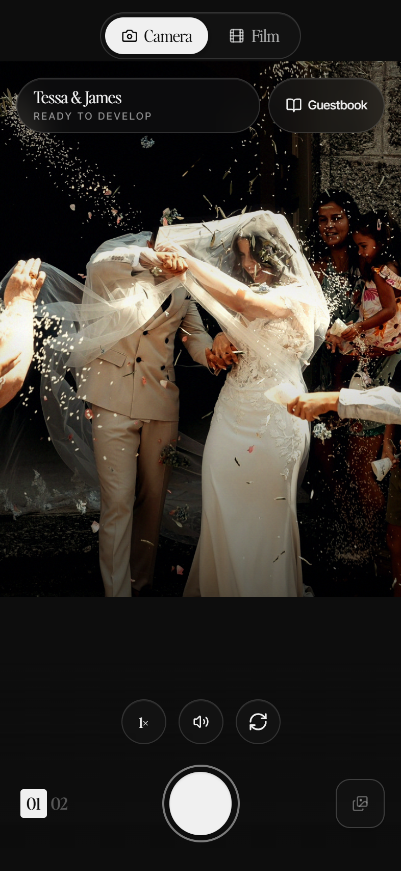 The Once Memories guest camera mid-shoot: a live viewfinder over a confetti send-off, with the film counter showing shots left on the shared roll.
