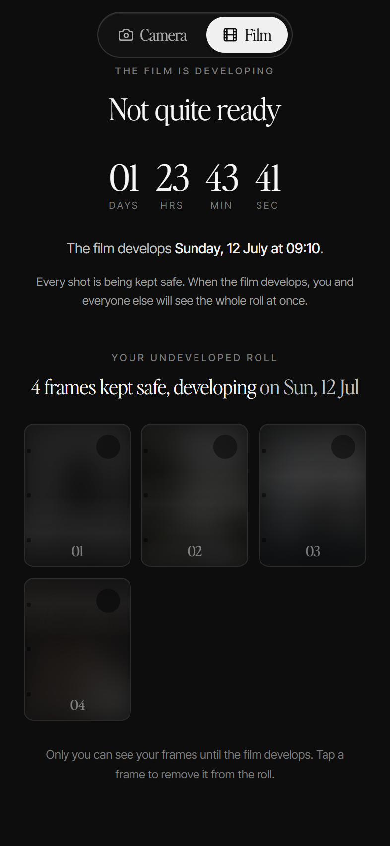 The Once Memories film locked before the reveal: a countdown to when the roll develops, every guest’s frames kept safe until it opens as one album.