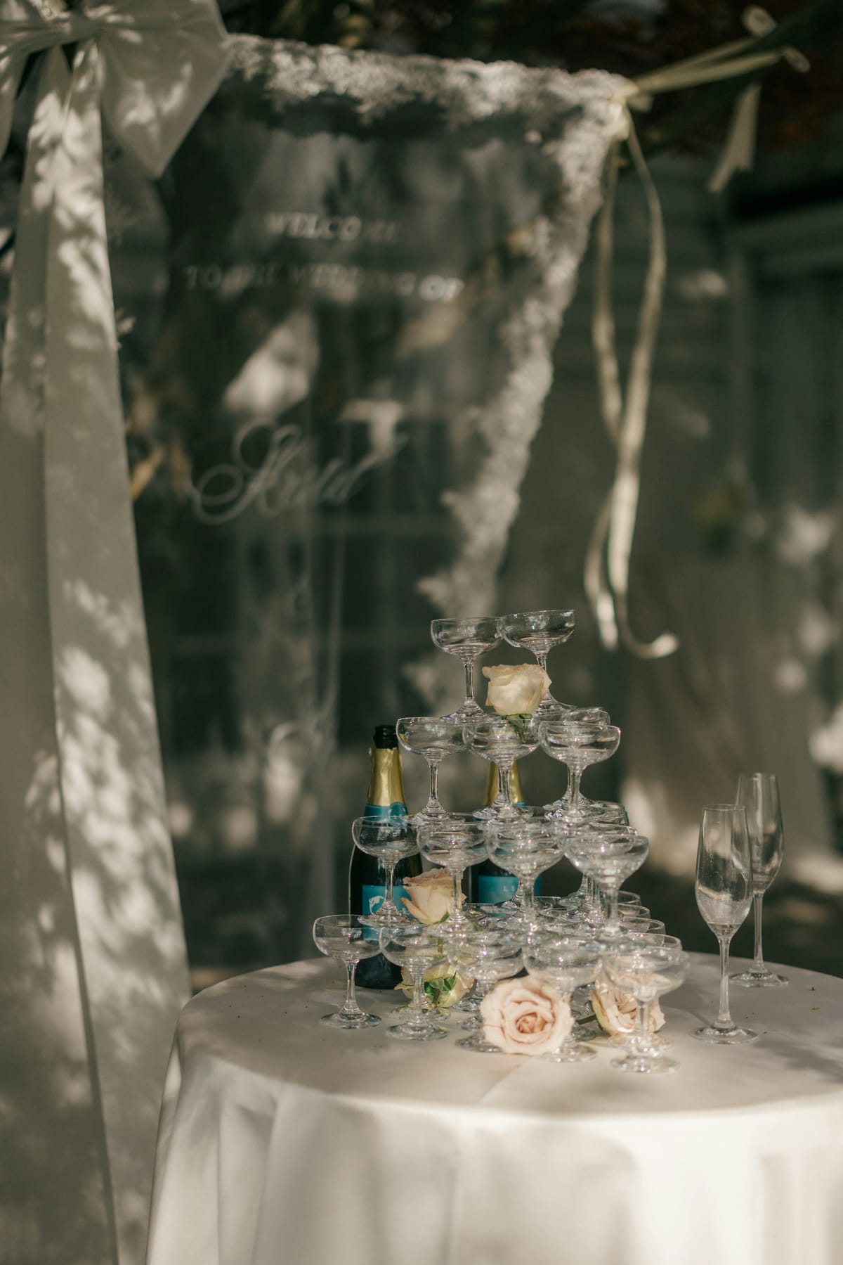 An elegantly styled wedding drinks display